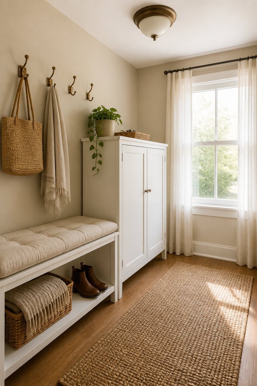 Bright and inviting entryway featuring a white storage cabinet, hooks for hanging items, and a window with sheer curtains.
