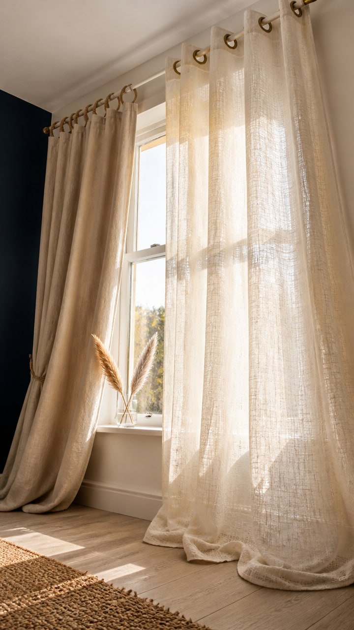 Bright living room with beige sheer curtains allowing natural light to fill the space.
