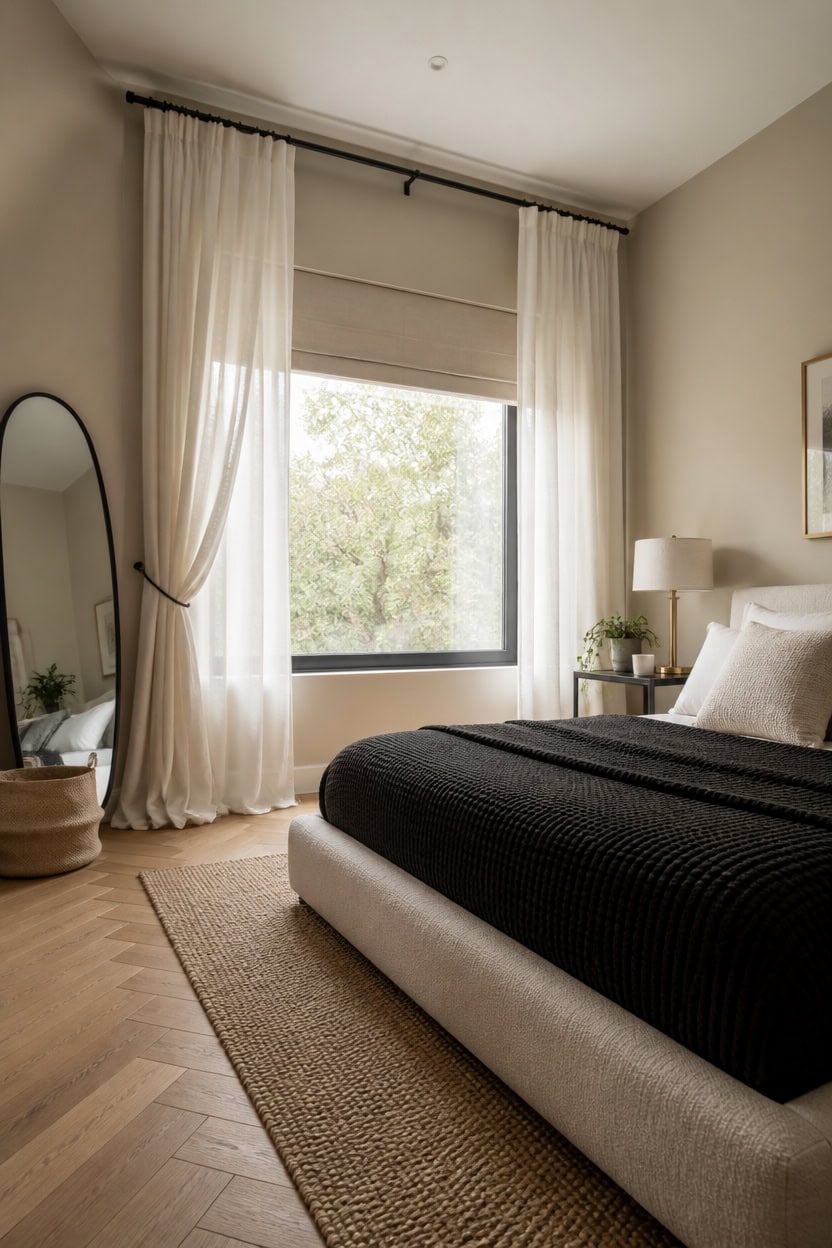 Bright bedroom with large window, white curtains, and minimalist decor.