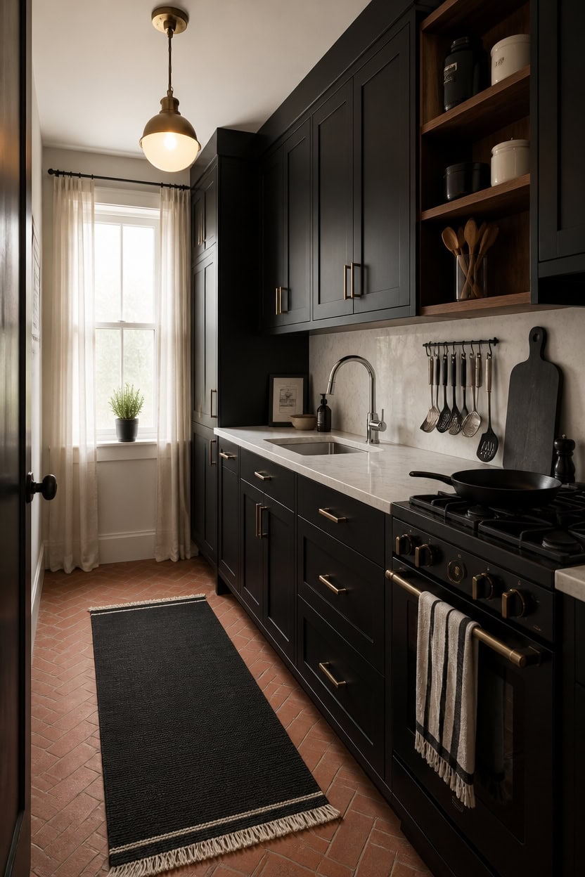 Stylish black kitchen with white countertops, open shelving, and natural light from window.