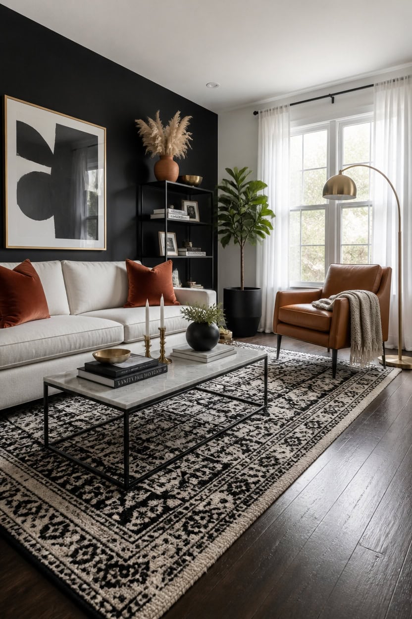 Bright living room with contemporary furniture, large window, and elegant interior design.