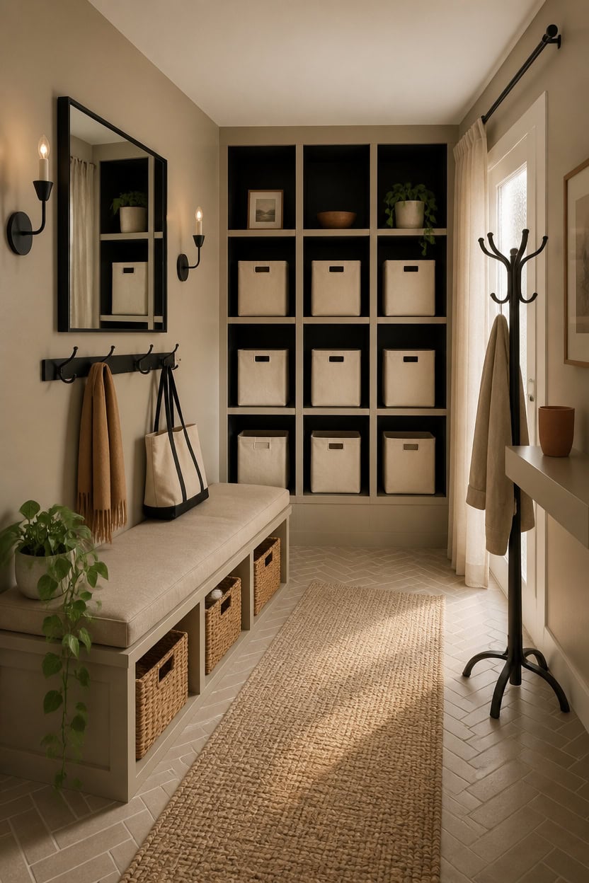 Entryway with storage bench, coat rack, and shelving unit in a contemporary apartment.