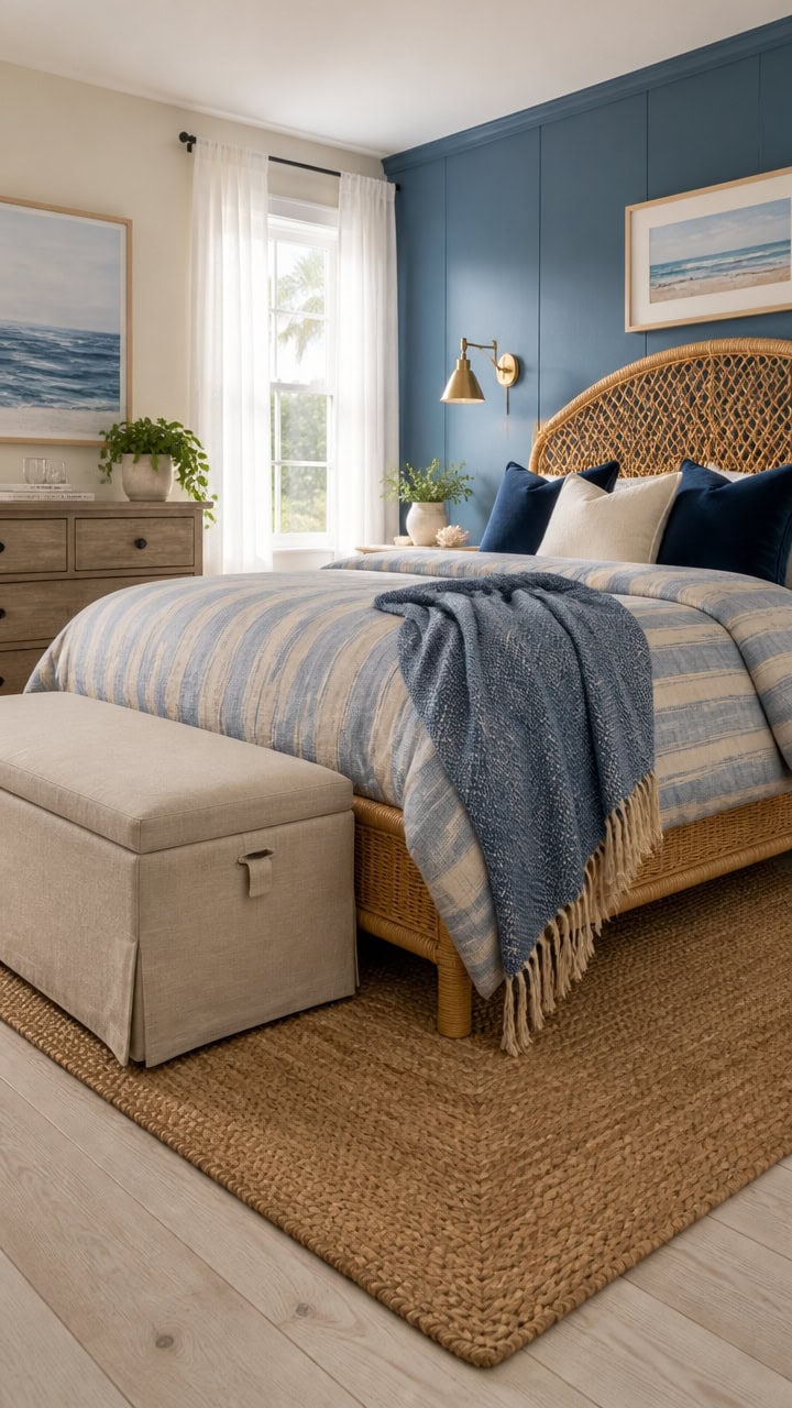 Bright bedroom featuring a rattan headboard, blue accent wall, and ocean-themed artwork, perfect for a relaxing coastal apart.