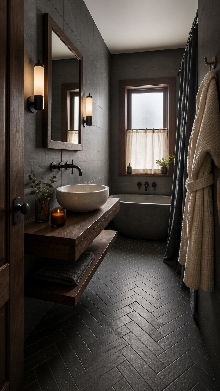 slate and walnut decompression bathroom