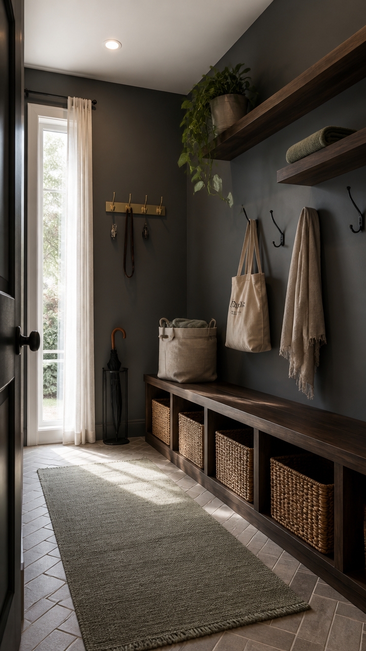 slate gray functional mudroom styling