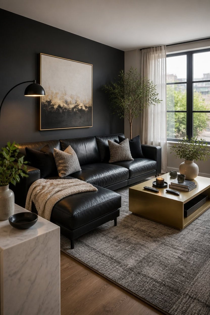 sleek black gold livingroom