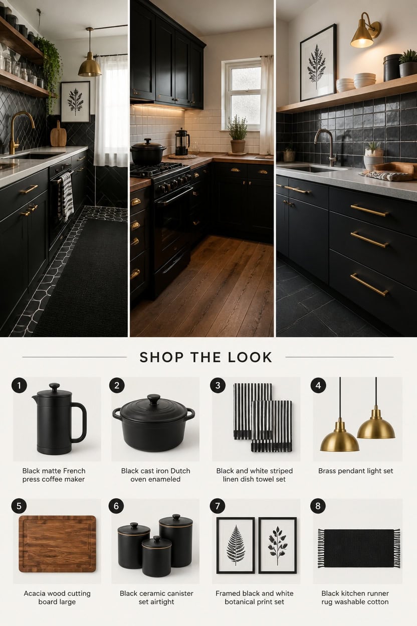 Contemporary black kitchen with gold fixtures, wooden accents, and stylish decor.