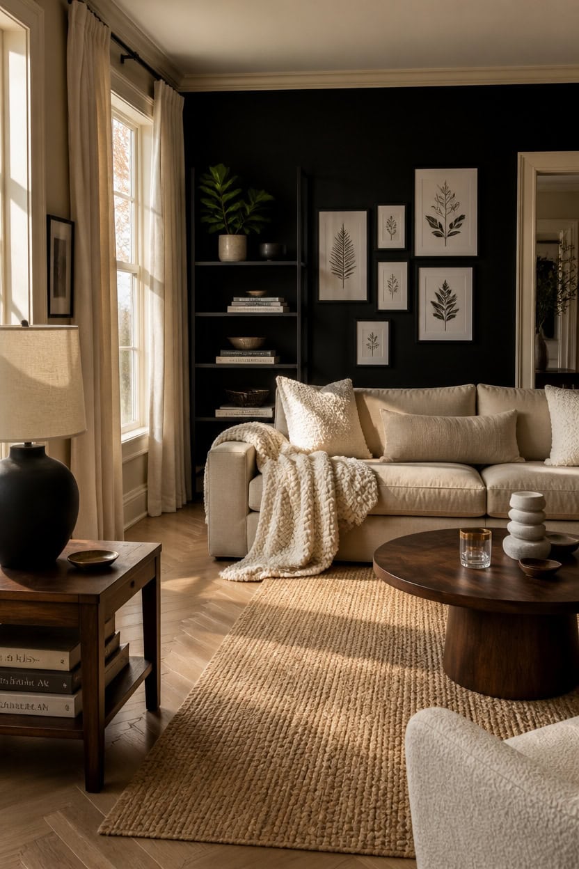Elegant living room with beige sofa, black accent wall, and framed botanical art.