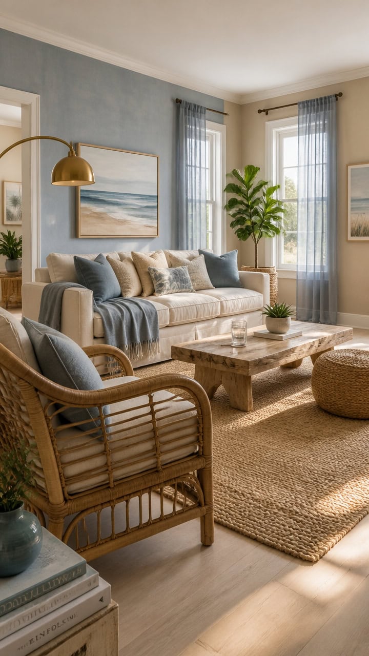Bright and inviting living room with large windows, comfortable sofa, and stylish decor, perfect for relaxing in a modern apa.