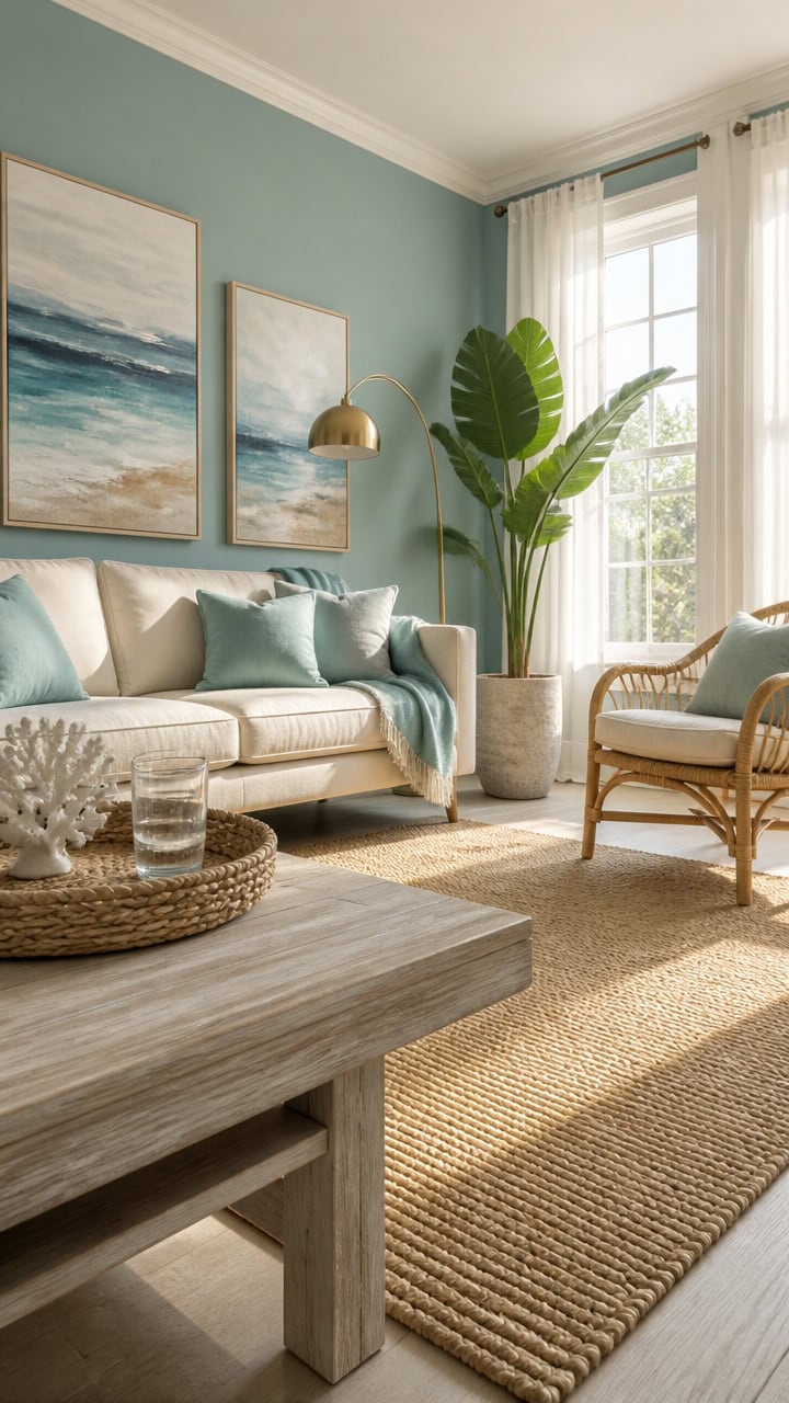 Bright living room with ocean-inspired artwork, large window, and lush green plant, creating a relaxing and inviting apartmen.