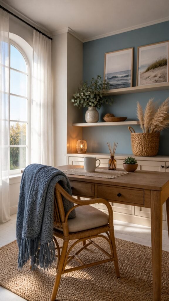 The Secret to the Perfect Soft Blue & Sandy Sand Home Office for Women Who Wish Every Day Was a Beach Day