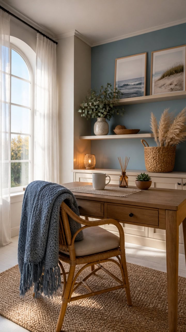 Bright home office with large window, blue accent wall, and decorative plants.