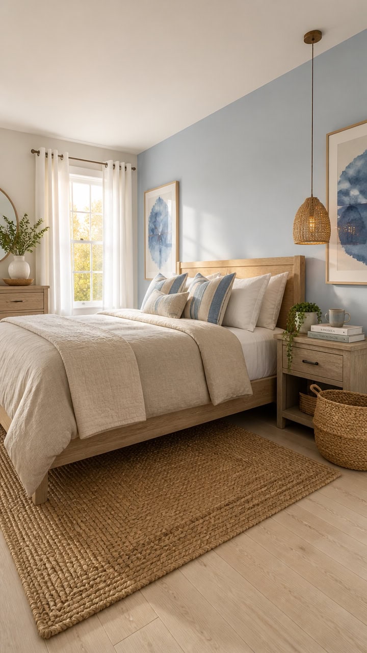 Bright bedroom with large window, soft neutral tones, and stylish decor, perfect for a comfortable apartment living experienc.