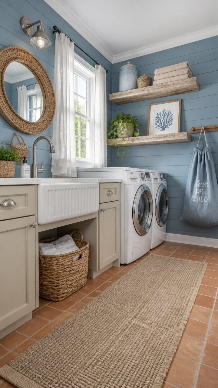 Bright laundry room with blue walls, white cabinetry, and natural woven accents, featuring a washer, dryer, and decorative sh.