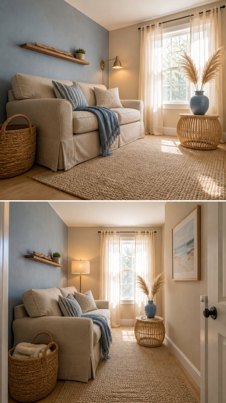 Bright living room with beige sofa, decorative pillows, and large window with sheer curtains.