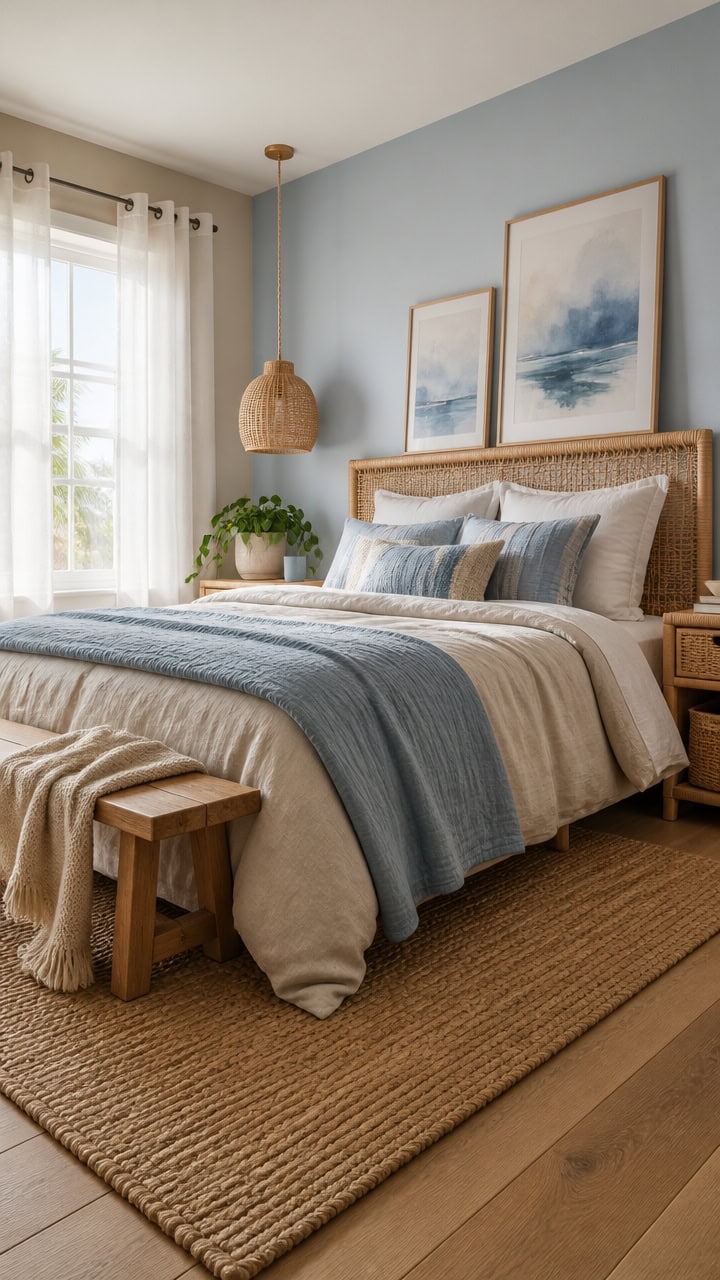 Bright and airy bedroom with a large window, neutral tones, and coastal-inspired decor for a relaxing living space.