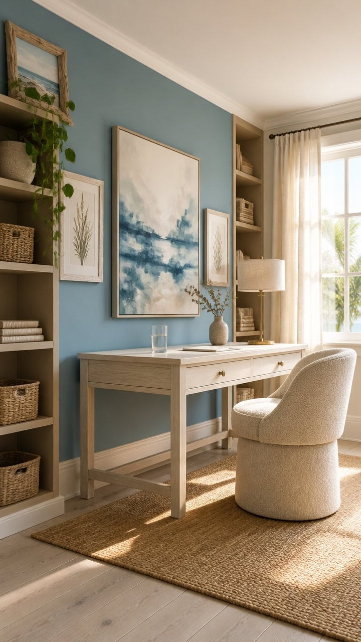 Bright home office featuring a blue accent wall, white desk, beige armchair, and natural light from large window.