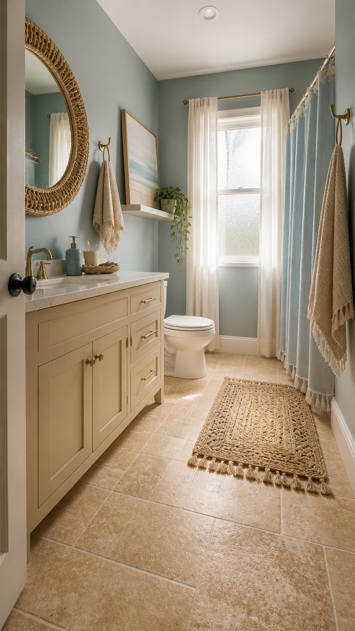 Bright bathroom featuring light blue walls, a white vanity, and a window with sheer curtains, creating a fresh and inviting a.
