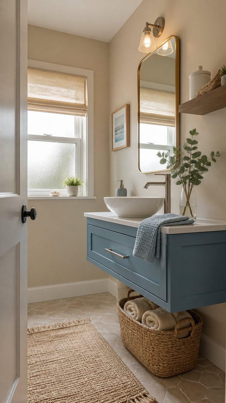 Bright bathroom featuring a blue vanity, a round mirror, and natural light from a window. Decor includes a potted plant and n.