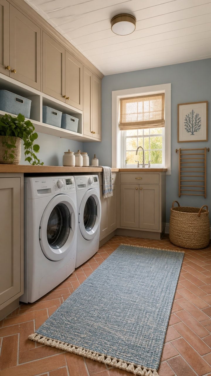 Bright laundry room with washer and dryer, beige cabinetry, and a window with a woven shade. Perfect for a functional and inv.