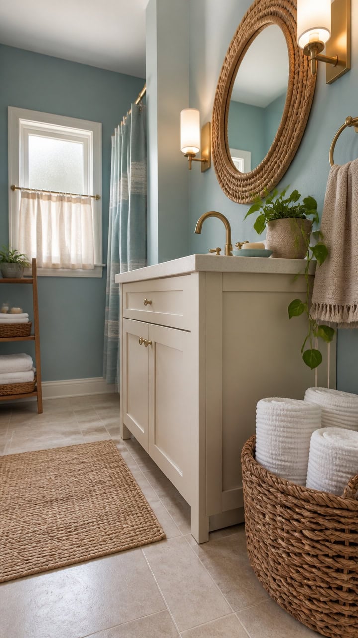 Bright bathroom featuring a white vanity, round mirror, and soft blue walls. Natural light from the window enhances the relax.