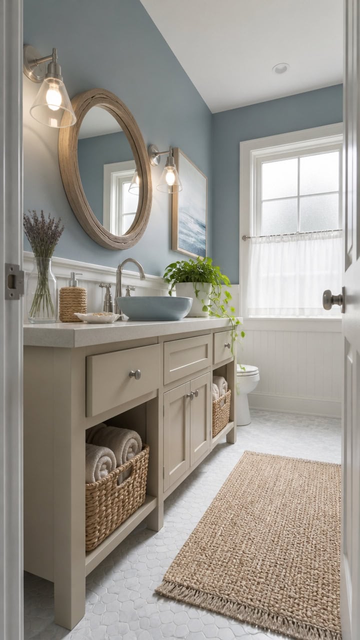 Bright bathroom featuring a stylish vanity with a round mirror, natural light from a window, and decorative plants for a fres.