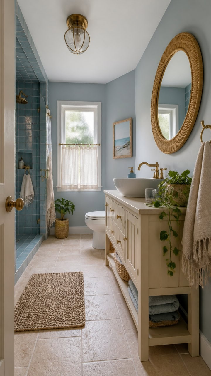 Bright bathroom featuring a walk-in shower, elegant vanity, and natural light from a window, perfect for a relaxing home envi.