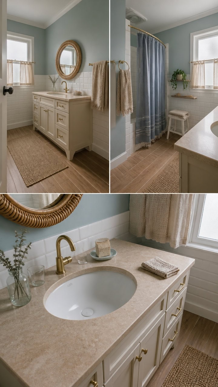 Bright bathroom with vintage-inspired vanity, gold fixtures, and cozy window treatments. Perfect for a relaxing home environm.