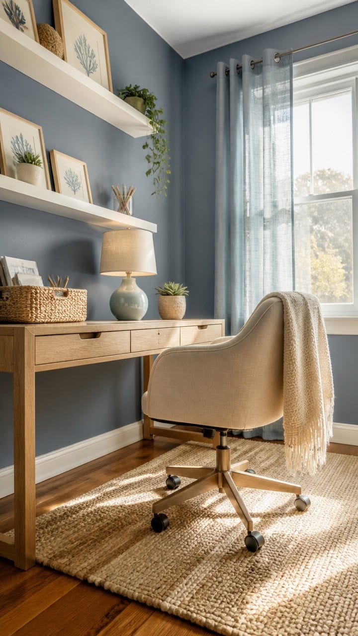 Bright home office with a desk, comfortable chair, and decorative shelves.