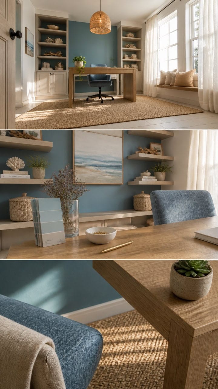 Bright and inviting home office featuring a wooden desk, comfortable chair, and ample sunlight from large windows. Perfect fo.