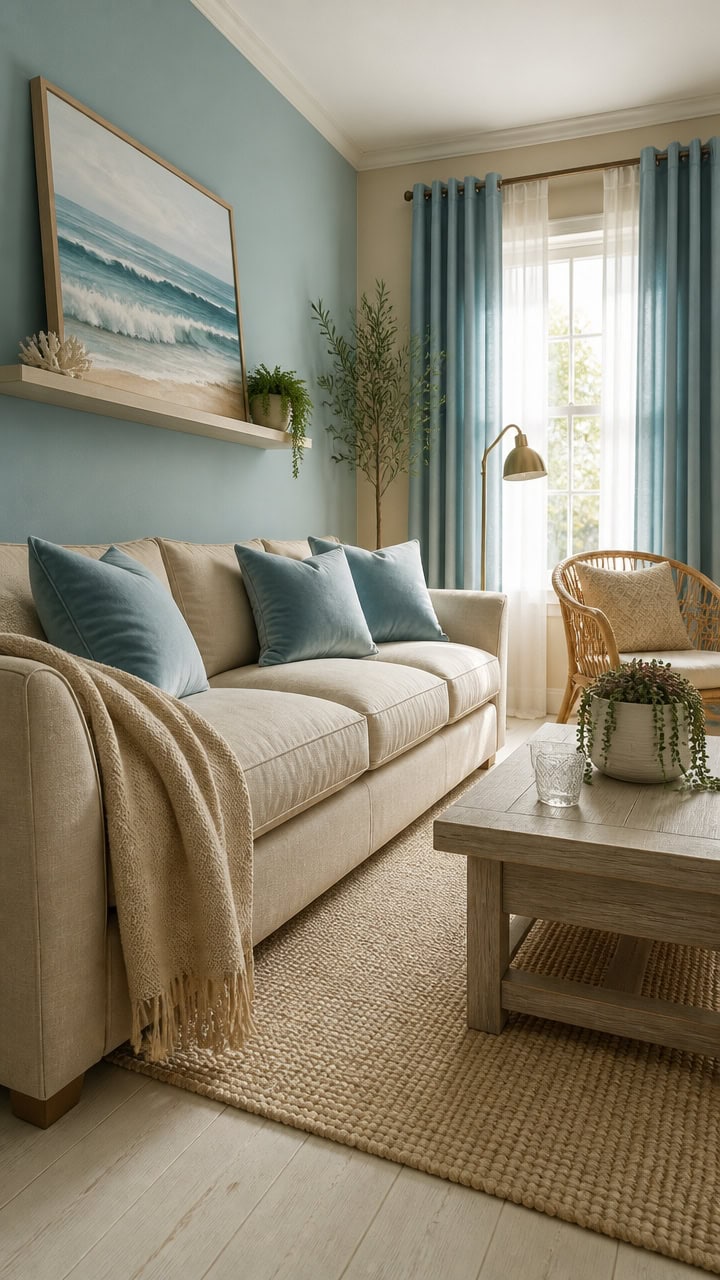 Bright living room with beige sofa, blue cushions, and large window with blue curtains, creating a welcoming and airy atmosph.
