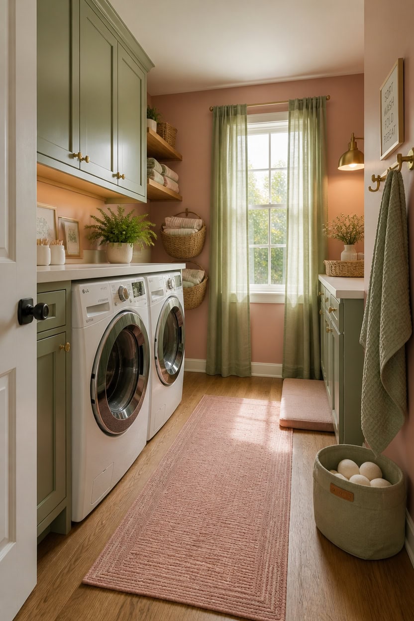 Bright laundry room with green cabinets, washer and dryer, and natural light from a window. Perfect.