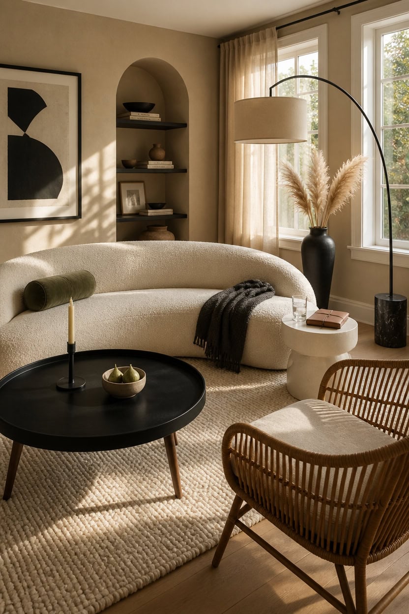 Bright and inviting living room with large windows, modern decor, and comfortable seating. Perfect f.
