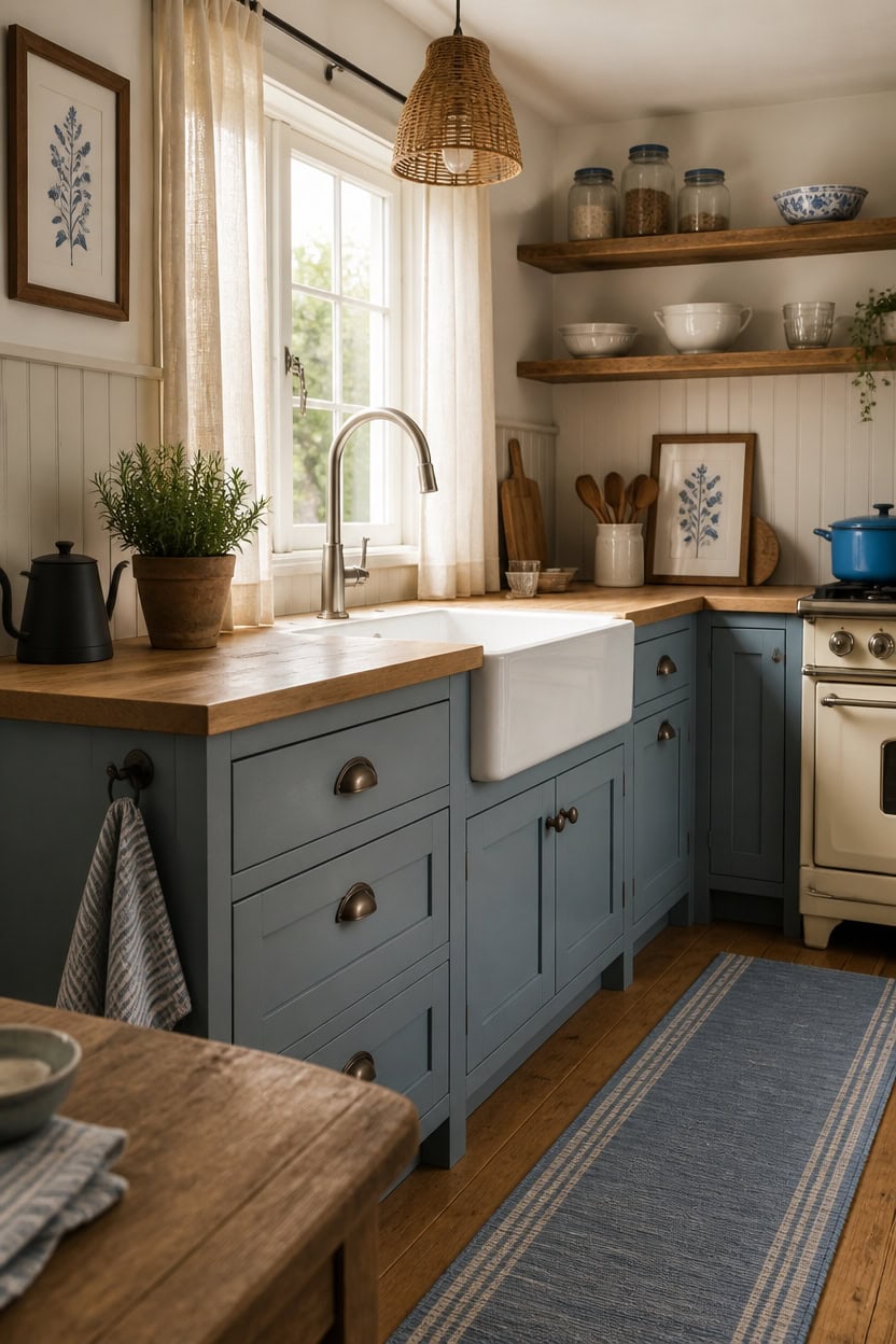 Bright kitchen with blue cabinets, wooden countertops, and open shelving.