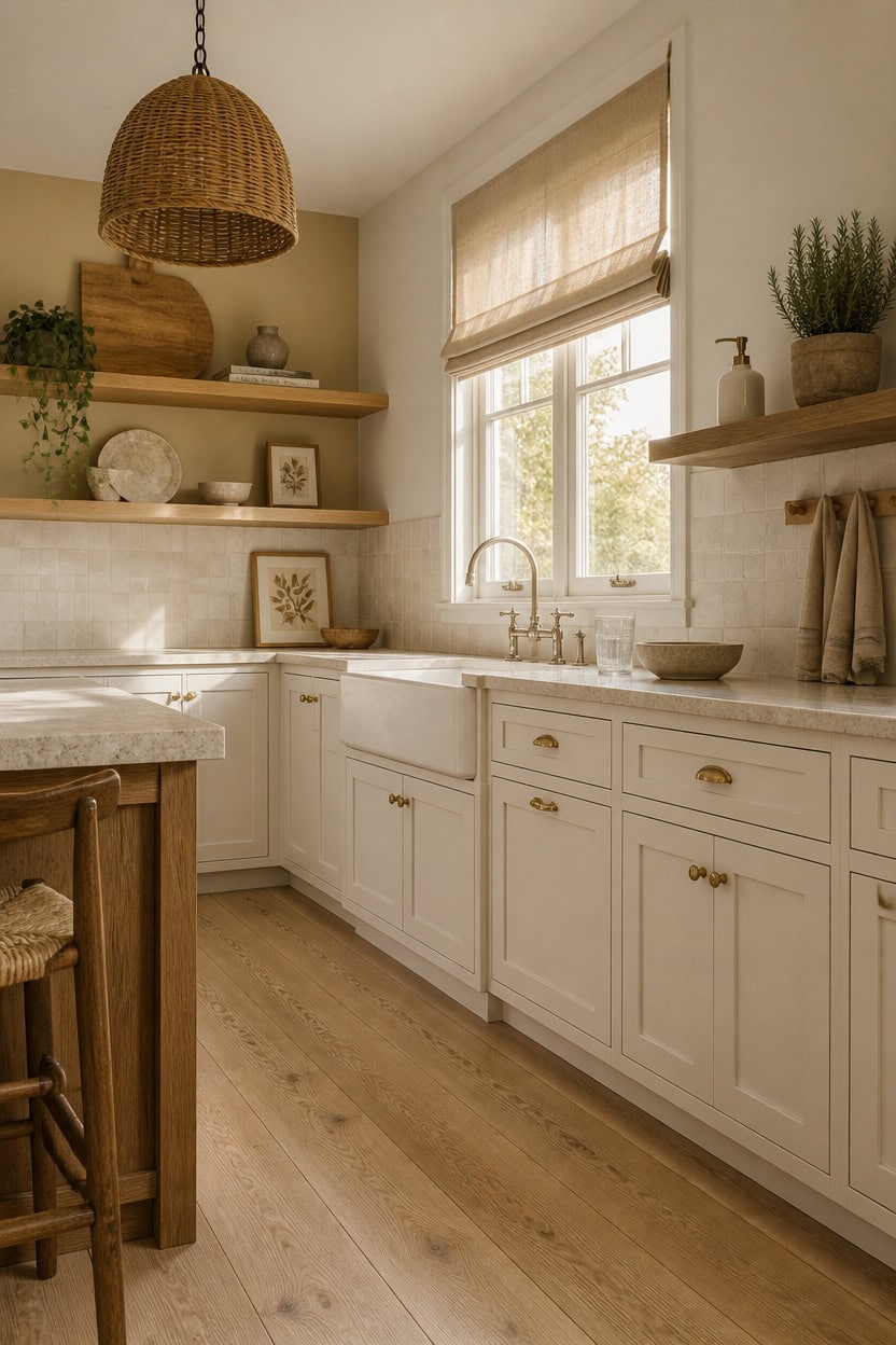 Bright kitchen featuring white cabinetry, wooden accents, and large window with beige Roman shade. Perfect for apartment livi.
