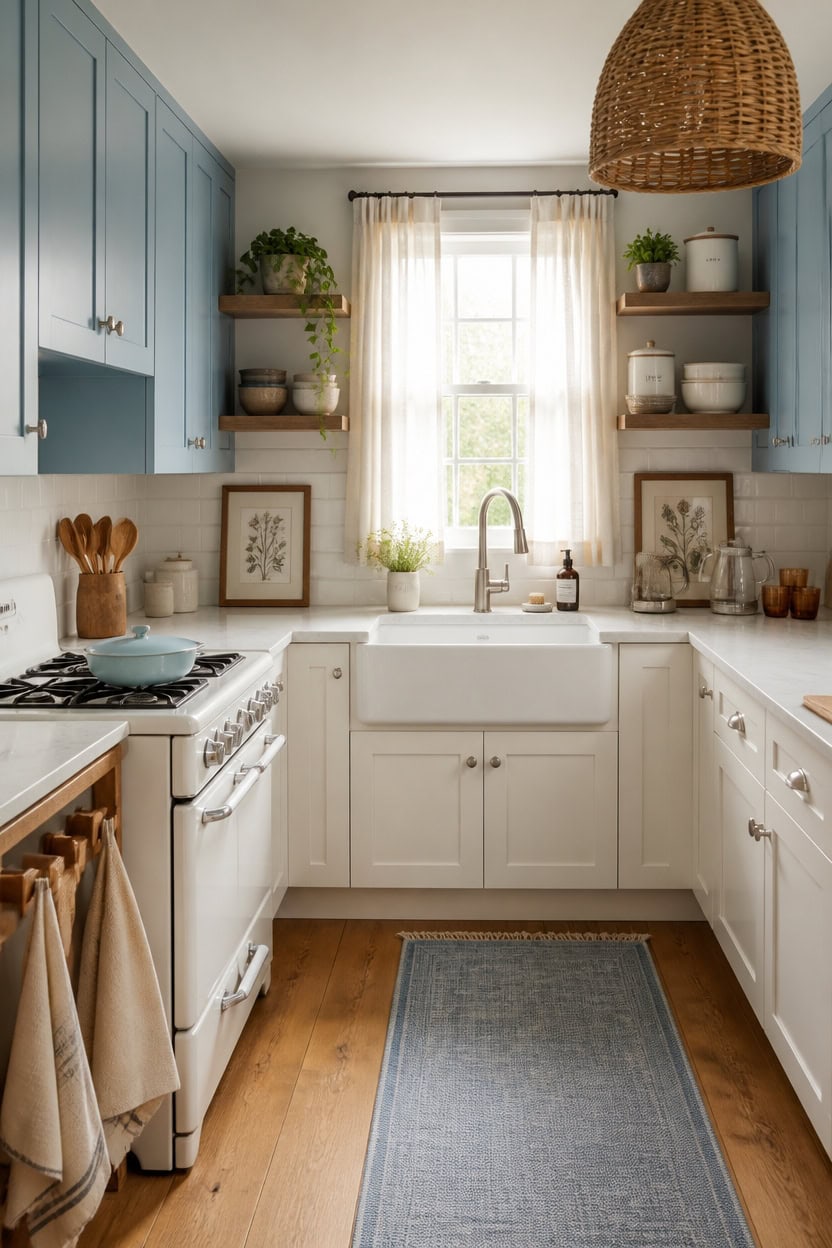 Bright kitchen with blue upper cabinets and white lower cabinets, featuring a farmhouse sink, open s.