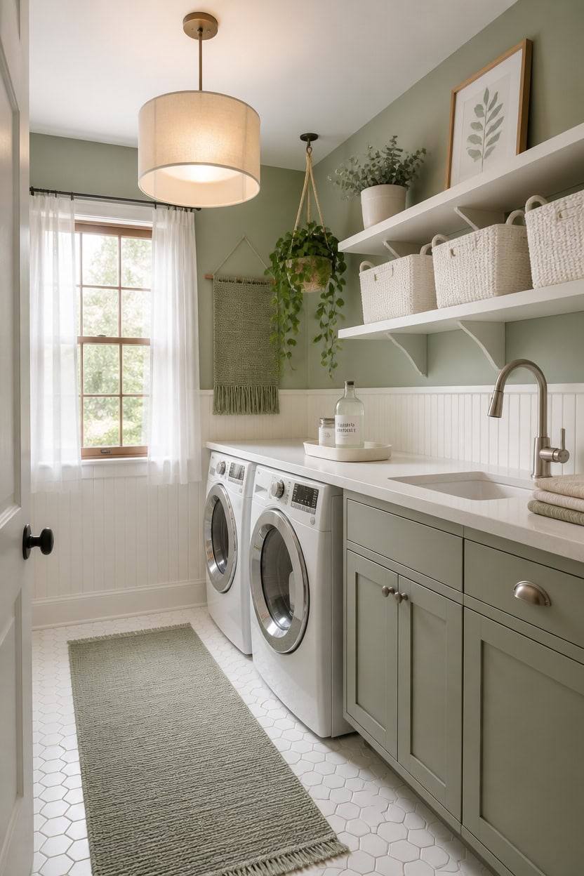 Bright laundry room with washer, dryer, and green decor accents.
