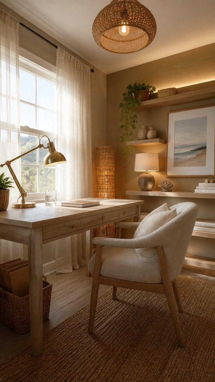 Bright home office with large window, white curtains, wooden desk, and comfortable armchair, perfect for working or relaxing.