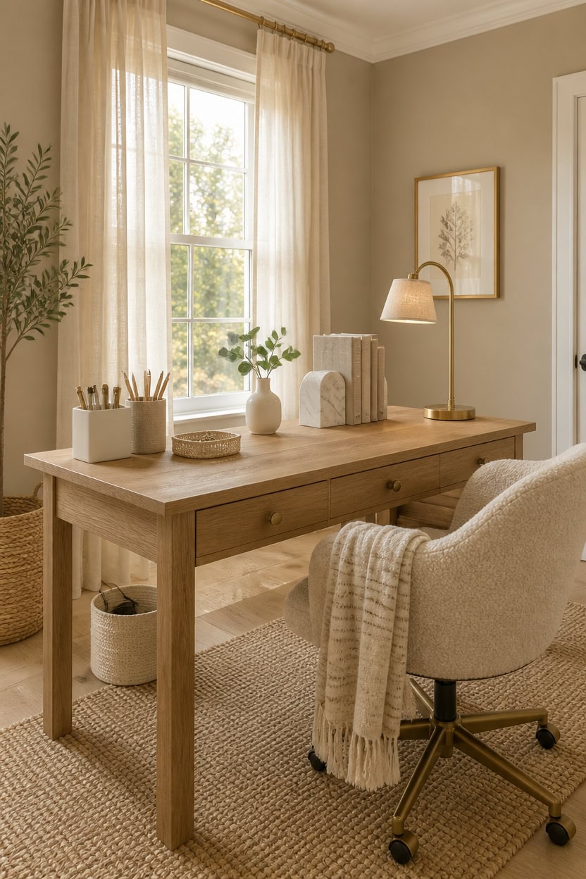 Bright home office featuring a wooden desk, comfortable chair, and warm decor. Perfect for productivity and relaxation.