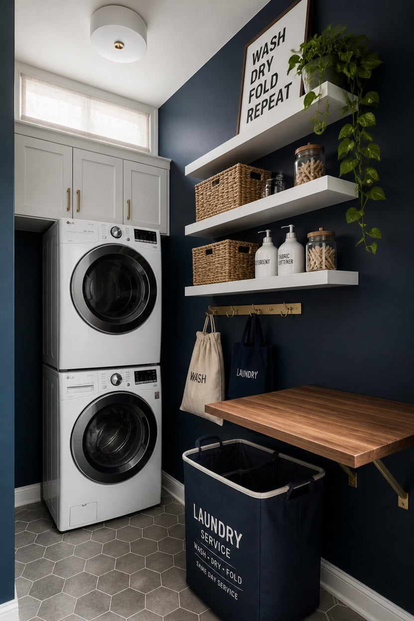 Modern laundry room with stacked washer and dryer, shelves, and laundry baskets.