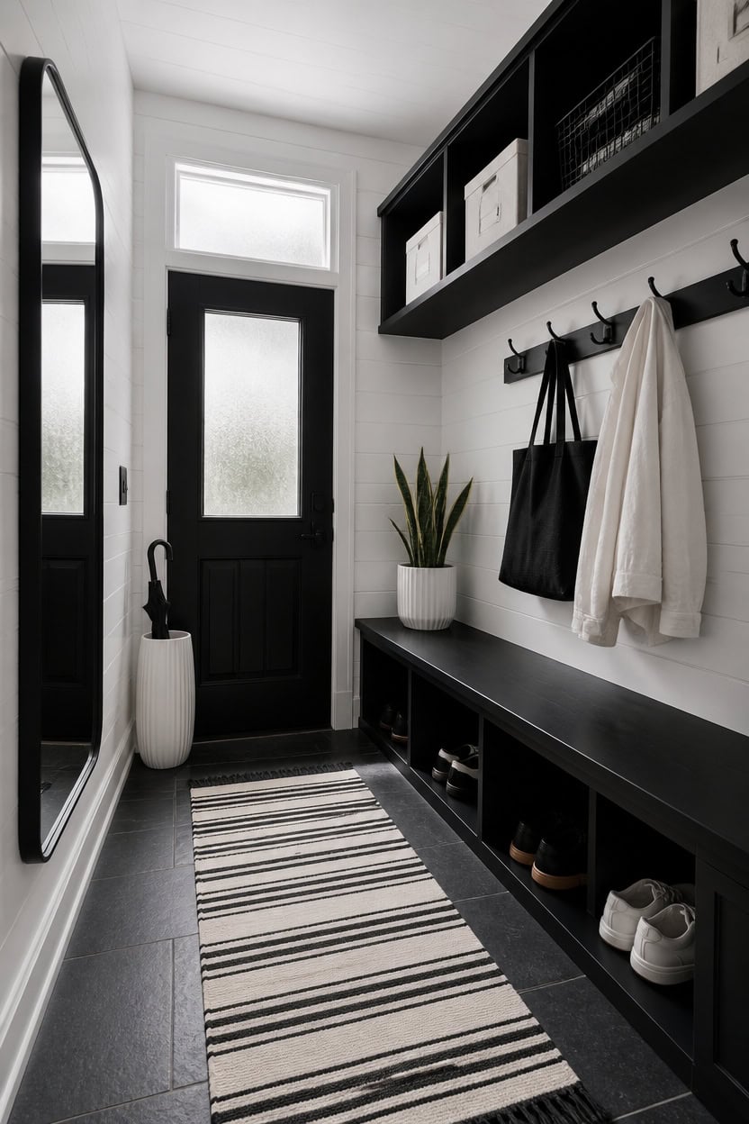 Stylish entryway with black storage bench, hooks, and decor in a contemporary apartment.