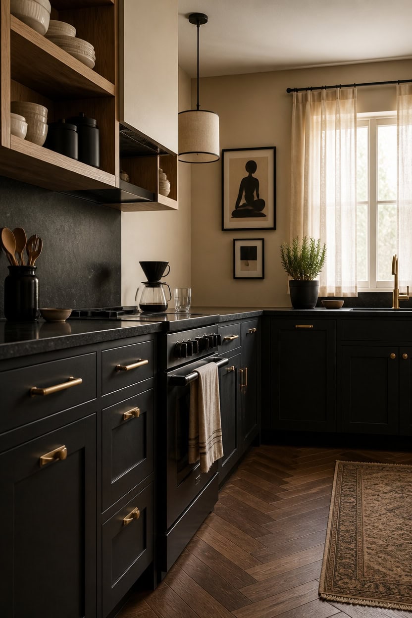 Modern kitchen with black cabinets, open shelving, and natural light.