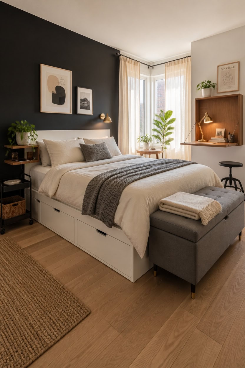 Bright and cozy bedroom with modern decor, large window, and stylish furnishings.