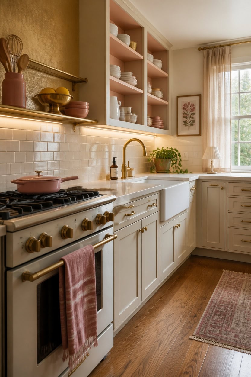 Bright kitchen with open shelves, white cabinetry, and large window letting in natural light.