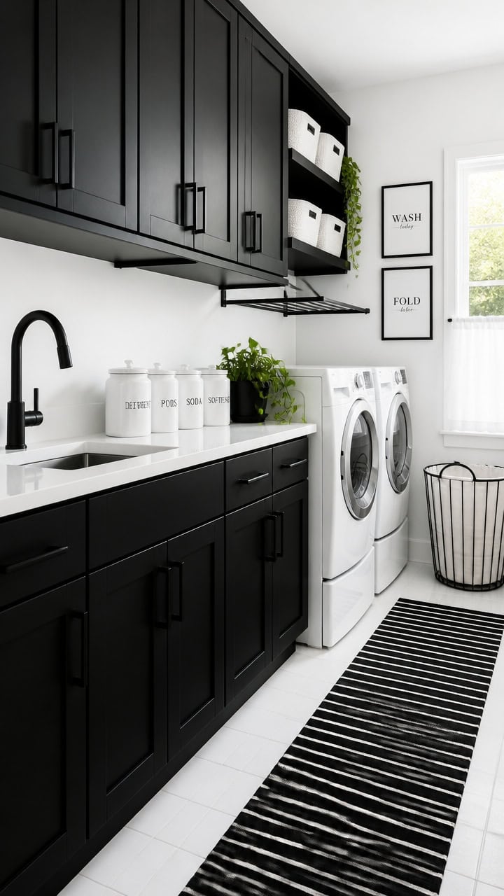 Stylish laundry room featuring black cabinets, white walls, and modern washer and dryer units.