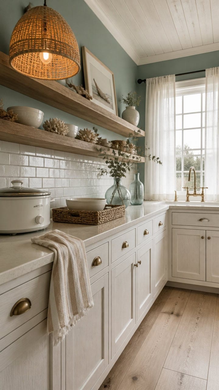Bright kitchen with white cabinetry, open shelving, and natural light, perfect for modern apartment living.
