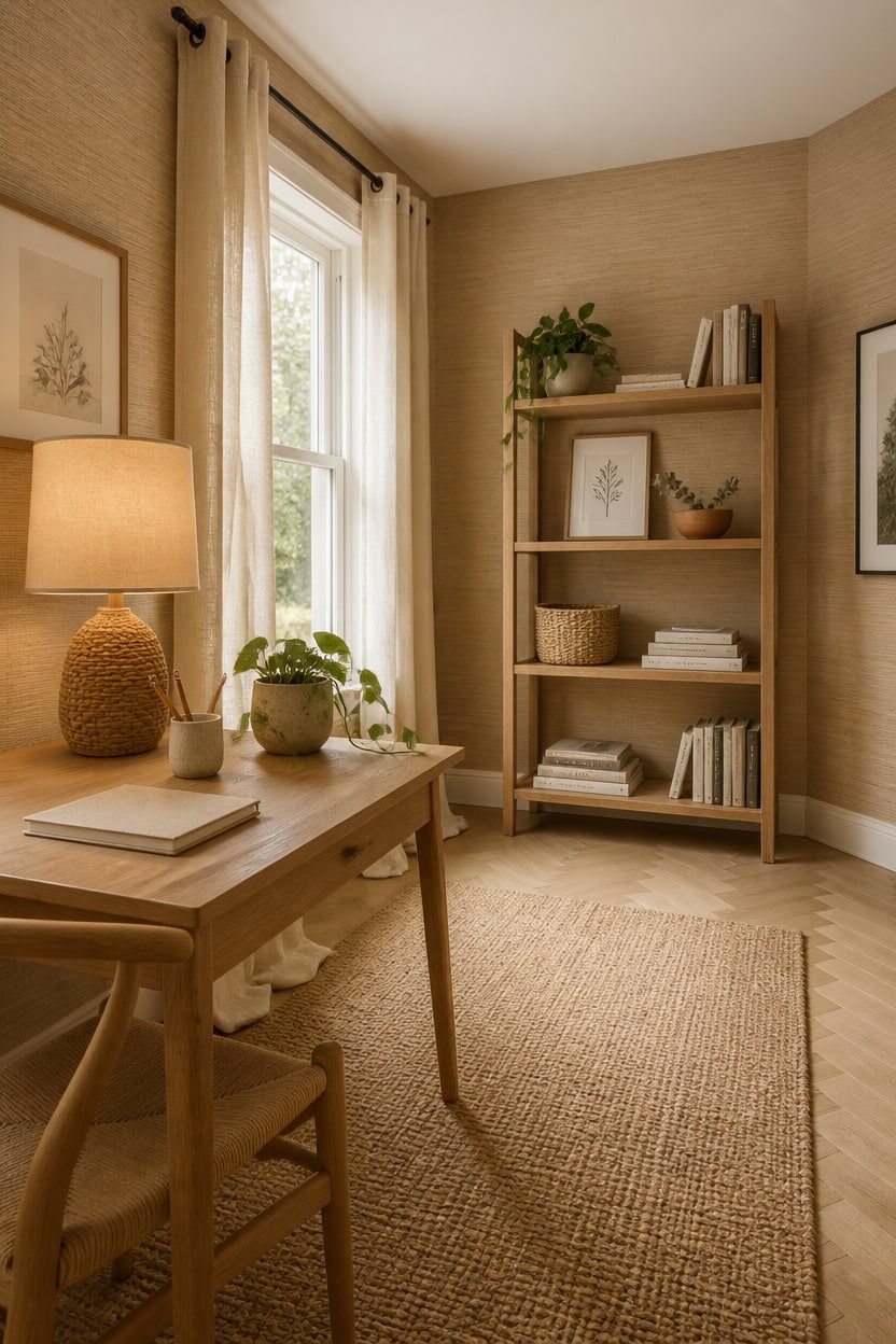 Bright corner with a wooden bookshelf, cozy decor, and natural sunlight streaming through a window.