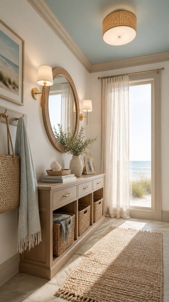Bright beachfront bedroom with natural light, coastal decor, and ocean view through sheer curtains.