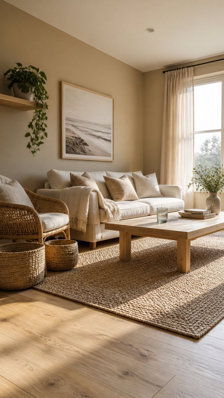 Bright and inviting living room featuring a comfortable sofa, rattan chairs, and large window with sheer curtains. Perfect fo.
