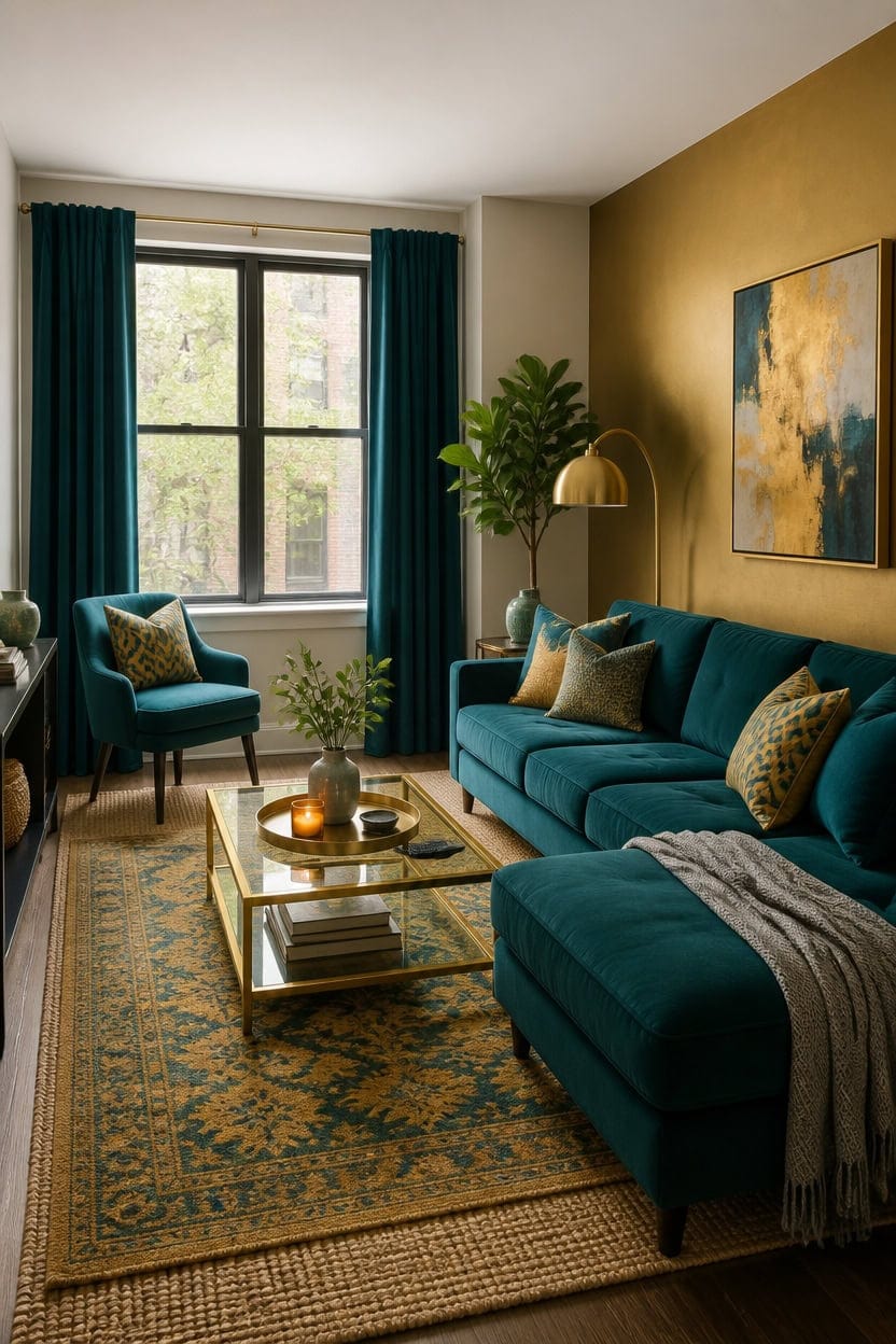 teal gold textured living